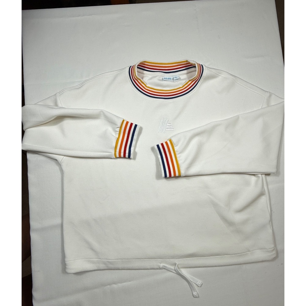 Aldi Gear White Pullover Sweatshirt Drawstring Hem‎ Striped Collar & Cuffs Large
